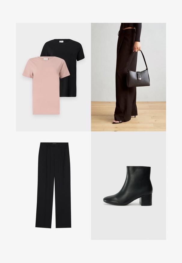 Dvé trička s kulatým výstřihem: jedno ve světle růžové barvě a jedno černé. Krátké rukávy, jednobarevné, bavlněný materiál, volný střih.; Černé kalhoty se střihem rovného nohavice, které mají dvě přední kapsy a pas. Vyrobené z hladkého, lehkého materiálu.; Černé kožené kotníkové boty s špičatou špičkou a robustním podpatkem. Hladký povrch s minimálními akcenty a elegantním, přiléhavým designem.; Černá kabelka se strukturovaným tvarem, hladkým povrchem a kovovým uzávěrem. Kombinována s širokými černými kalhotami a sandály s otevřenou špičkou na dřevěné podlaze.