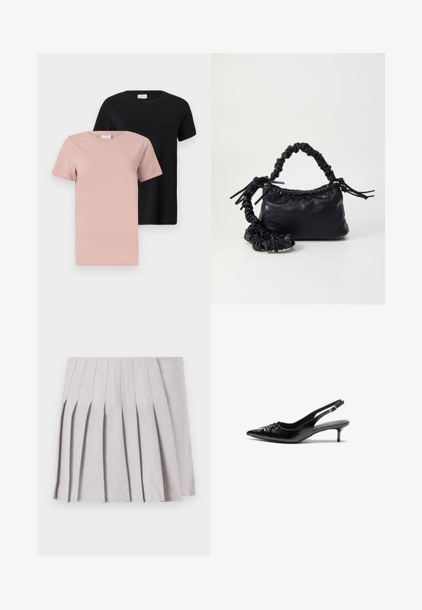 Duas t-shirts de gola redonda: uma em rosa claro e uma em preto. Mangas curtas, em cores sólidas, material de algodão, corte casual.; Saia cinza plissada com uma textura suave, apresentando múltiplos pregas verticais e uma cintura ajustada. Feita de tecido leve.; Sapatos de salto alto slingback em couro preto com bico fino, pequeno salto kitten e um detalhe decorativo em forma de nó na parte da frente. Textura suave em toda a parte.; Bolsa de mão em couro sintético preto com textura de crocodilo, topo franzido e alça enrugada. Apresenta um design suave e compacto.