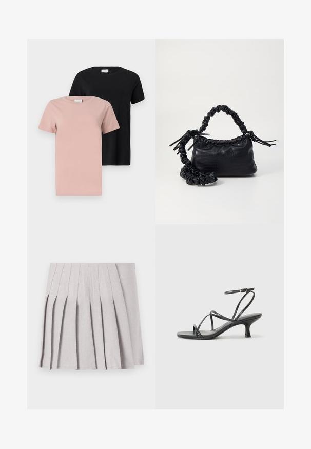 Two round-neck t-shirts: one in light pink and one in black. Short sleeves, solid colors, cotton material, casual fit.; Gray pleated skirt with a smooth texture, featuring multiple vertical folds and a fitted waistline. Made from lightweight fabric.; Black heeled sandals with thin straps, open toe design, and a small, flared heel. The material appears smooth and glossy.; Black faux leather handbag with a crocodile texture, cinched top, and a scrunched strap. Appears soft and compact in design.