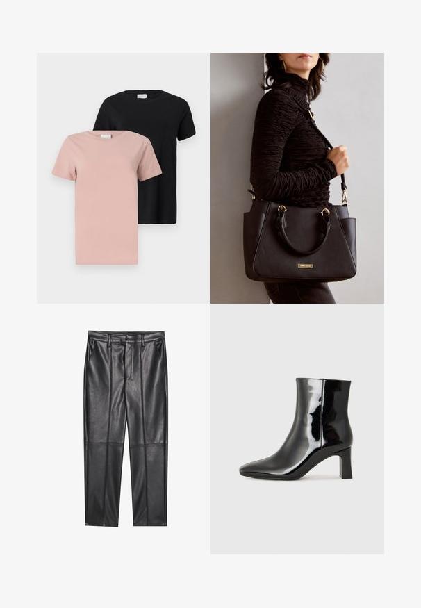Kaks ümarakaelusega T-särki: üks helesinisest ja teine mustast. Lühikeste varrukatega, ühtlase värviga, puuvillane materjal, vaba lõikega.; Mustad nahkpüksid sileda tekstuuriga, sirge lõikega, kahe eesmine taskuga ja nähtavate õmblusteta.; Must-sinine nahkjalats musta läikiva viimistlusega, millel on terav nina ja keskmise kõrgusega plokk konts. Sile tekstuur ja minimalistik disain.; Musthave must kott, millel on tekstuurne pind, kaks ülemist käepidet ja reguleeritav õlarihm. Omab kuldse tooni riistu ja külgtaskuid.