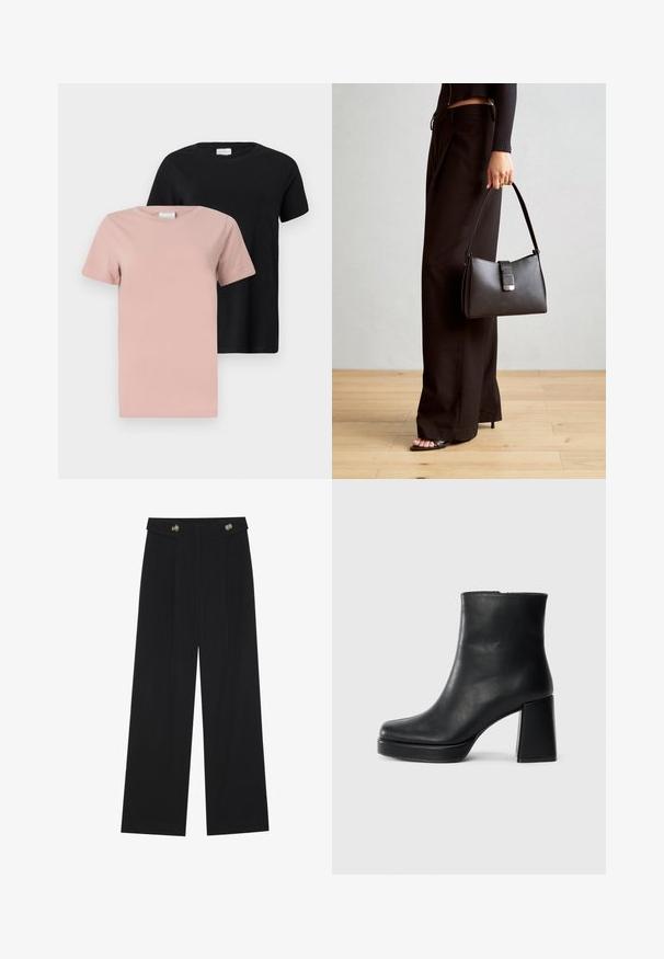 Divas apaļo kakla T-krekli: viens gaiši rozā un otrs melns. Īsas piedurknes, vienkrāsaini, kokvilnas materiāls, brīva piegriezuma.; Melnas platās bikses ar augstu jostasvietu, pogu detaļām uz jostas un priekšējām krokām.; Melna ādas potīšu zābaku ar bloku papēdi un platformas zoli, skatīts no sāna uz vienkārša balta fona.; Melnā somiņa ar strukturētu formu, gludu tekstūru un metālu sprādzi. Saskaņota ar platām melnām biksēm un sandālēm ar atvērtu purngalu uz koka grīdas.
