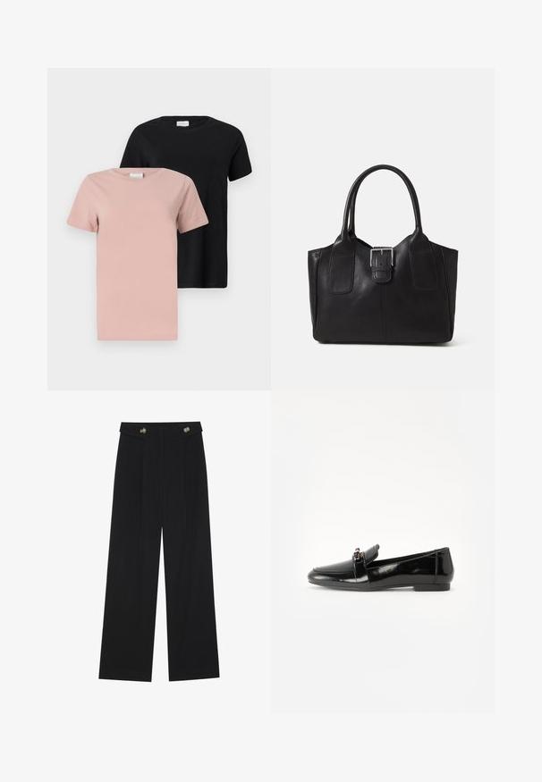 Dvoje tričiek s okrúhlym výstrihom: jedny svetloružové a jedny čierne. Krátke rukávy, jednofarebné, bavlnený materiál, voľný strih.; Čierne široké nohavice s vysokým pásom, so zapínaním na gombíky na páse a prednými sklady.; Čierne lakované kožené mokasíny s rovnou podrážkou, zaoblenou špičkou a ozdobným pásikom s akcentom v zlatej farbe. Hladký, lesklý povrch.; Čierna kožená taška s hladkou textúrou, štruktúrovaným tvarom, dvoma uchami a výrazným strieborným prackovým detailom na prednej strane.