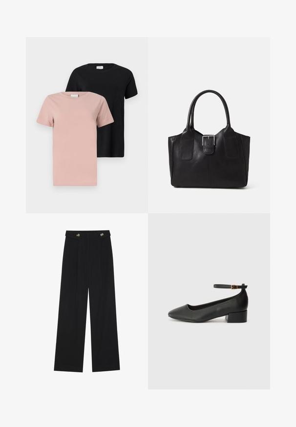 To runde t-skjorter: en i lys rosa og en i svart. Korte ermer, ensfargede, i bomull, avslappet passform.; Svart vide bukser med høy midje, knappdetaljer på midjebåndet og frontplisser.; Sorte skinnpumper med spiss tå og lav blokkhelt. Har ankelrem med gullfarget spenne. Glatt tekstur.; Svart skinn toteveske med jevn tekstur, strukturert form, to håndtak og en fremtredende sølvspenne foran.