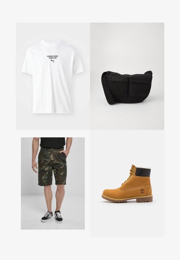 Biela bavlnená tričko s nápisom "PORSCHE LEAGUE TURBO CLUB" a čiernym logom Puma. Okrúhly výstrih a krátke rukávy.; Maskáľové cargo šortky s cargo vreckami, vyrobené z tkaniny v zelených a hnedých odtieňoch. V kombinácii s čiernymi teniskami s bielymi šnúrkami.; Hnedé kožené ankle boot s kovovými očkami, bielym kožúškom vo vnútri, čiernym vypolstrovaným golierom, robustnou podrážkou a vyrazeným logom na boku.; Čierna kordurová crossbody taška s nastaviteľným popruhom, obsahujúca predné vrecká a mäkkú textúru. Kompaktný dizajn s minimálnym zdobením.