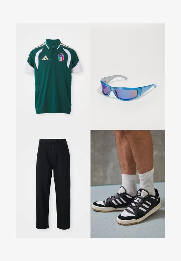 Polo shirt de fotbal Italia de culoare verde închis cu mâneci albe, logo Adidas bej, emblema Italiei și un fermoar scurt în față.; Pantaloni din denim negru cu croială dreaptă. Au un design clasic cu cinci buzunare, închidere cu nasture și o textură subtilă a materialului.; Adidași negri și albi cu un superior din suede și piele, prevăzuți cu trei dungi albe, un vârf perforat și o talpă din cauciuc caramel.; Ochelari de soare albaștri cu un cadru translucid, lentile oglindă cu un ton de gradienți și un design sportiv pentru o potrivire sigură în timpul activităților.
