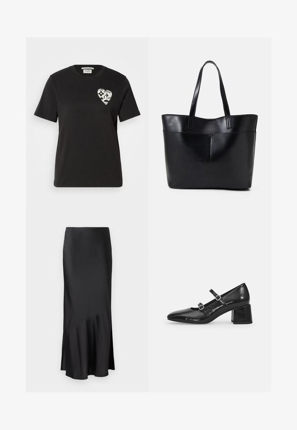 Black cotton t-shirt with a crew neckline, short sleeves, featuring a white heart design with abstract features and text on the left chest.; Black satin midi skirt with a sleek design, featuring a slight flare at the hem and side slit for ease of movement. Smooth texture.; Black patent leather Mary Jane shoes with a pointed toe, two adjustable straps, and a chunky block heel. Smooth texture and glossy finish.; Black leather tote bag with two long handles, a smooth texture, and a structured shape. Features a front pocket for additional storage.