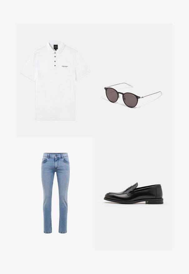 Balts polo krekls izgatavots no kokvilnas, ar īsām piedurknēm, apkakles kaklu, piecām tumšām pogām un izšuvumu "Armani Exchange" logo uz krūtīm.; Gai zila denima bikses ar šauru piegriezumu, piecām kabatām un taisnu kāju dizainu. Iekļautas rāvējslēdzēju aizdare un jostas cilpas. Mīksta tekstūra.; Melnas ādas kurpes ar gludu tekstūru, noapaļu purngalu un dekoratīvu siksniņu pāri priekšpusei. Zems sakrauts papēdis, minimālisma dizains.; Melni apaļi saulesbrilles ar tumšiem lēca un plānām metāla stangām. Iekļautas caurspīdīgas tempļu galviņas un sudraba akcenti pie eņģes. Minimalistisks dizains.