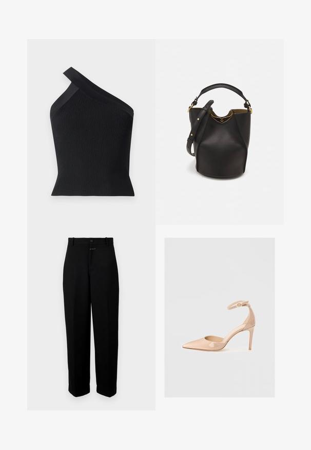 Iro FETHY - Topp - black; Sile mustriga mustad püksid, millel on nuppe kinnitamine, vööpaelad ja sirge sääre disain.; Naha nahkadele paigutatud teravvarvaste jalanõud, millel on pahkluu rihm ja stilettokõrgus, silmapaistva sileda tekstuuri ja minimalistliku disainiga.; Mustast nahkämbriga kott tekstuurses viimistluses, kuldsete metalldetailide aktsentidega ja avatud ülaosaga. Omab lühikest käepidet ja reguleeritavat õlavarre rihma.