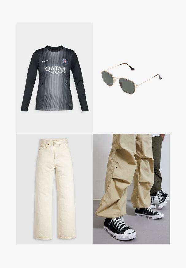 Dlouhý rukáv fotbalového dresu v černé a šedé barvě s vertikálními pruhy, obsahující kulatý výstřih, logo Nike a branding Qatar Airways.; Džíny s širokými nohavicemi z béžového denimu, s vysokým pasem, měděnými nýty a klasickým pětipoklopovým designem. Texturovaná látka s čistými lemy.; Černé vysoké plátěné tenisky na bílé gumové podrážce, spárované se světle béžovými volnými kalhotami s bočními kapsami a uvolněným střihem.; Sluneční brýle s kovovým zlatým rámem a tmavě zelenými skly, styl aviatorek, s úzkými obroučkami a želvovinovými akcenty na špičkách.