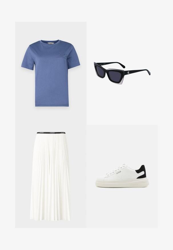 Blå bomulls T-skjorte med korte ermer, rund hals, og brodert logo på brystet. Glatt tekstur, avslappet passform, minimalistisk design.; Plissert hvit skjørt med en svart elastisk midje som har "LACOSTE"-logoen. Midjelengde design med myk tekstur.; Hvite lær sneakers med tykk hvit såle, svart semsket hælforsterkning og preget logo på siden. Snøresystem med seks hull.; Store svarte solbriller i overdimensjonert størrelse med geometrisk form, med mørke linser og en kontrasterende grå detalj på rammen. Logo på armen.