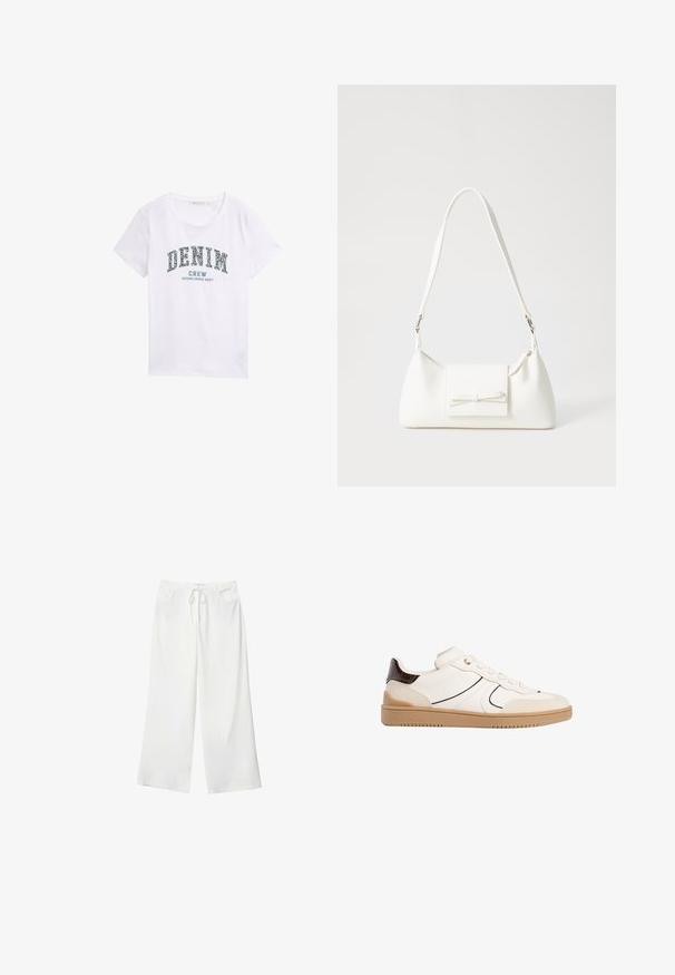 Hvid bomulds T-shirt med et blåt grafisk tryk, der står "DENIM CREW ESTABLISHED 2007" i en buet design. Korte ærmer, rund halsudskæring.; Hvide bukser med vidde lavet af blødt stof, med bindebånd i taljen og to forlommer. Glat tekstur og uden synlige mønstre.; Stradivarius Sneakers - white; Hvid syntetisk håndtaske med en trekantet form, flad forsideklap og sløjfedetalje, justerbar strop, glat tekstur og minimalistisk design.