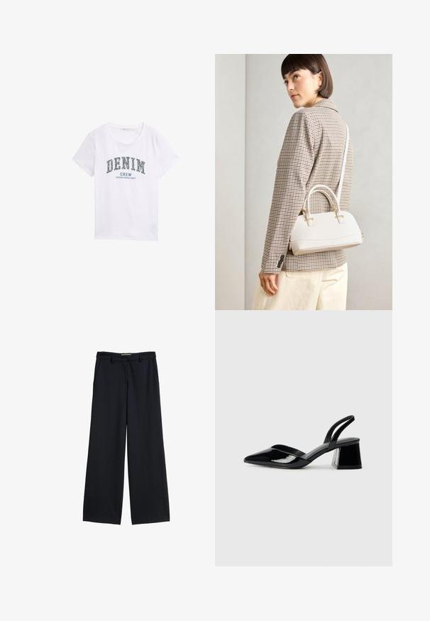 Hvid bomulds T-shirt med et blåt grafisk tryk, der står "DENIM CREW ESTABLISHED 2007" i en buet design. Korte ærmer, rund halsudskæring.; Vidde bukser i mørk navy stof med flad talje, bæltestropper og to sidelommer. Glat overflade uden mønstre.; Sorte patentlæder slingback hæle med spids tå og en geometrisk blok hæl. Har et elegant, minimalistisk design og en glat tekstur.; Hvid struktureret taske med korte håndtag og en skulderrem, prydet med guldfarvede hardwaredetaljer og tekstureret materiale, præsenteret mod en grå baggrund.