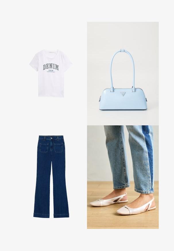 Valkoinen puuvillapaita, jossa on sininen graafinen printti, jossa lukee "DENIM CREW PERUSTETTU 2007" kaarimaisessa muodossa. Lyhyet hihat, pyöreä pääntie.; Tummansiniset farkuista valmistetut leveälahkeiset housut, joissa on sileä pinta, viisi taskua ja napillinen kiinnitys vyötäröllä.; Vaaleanpunaiset slingback-ballerinat, joissa on terävä kärki, valmistettu sileästä nahkamaisesta materiaalista. Sivujen leikkuuyksityiskohdat ja tasapohja.; Vaaleansininen käsilaukku, joka on muotoiltu jämäkästi, valmistettu sileästä nahasta, varustettu kahdella kahvalla ja edessä kolmiomainen brändilogo. Vetoketjukiinnitys.