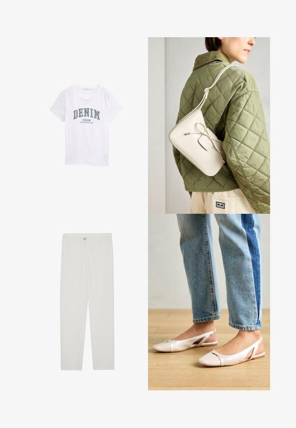 Biała bawełniana koszulka z krótkim rękawem, z niebieskim nadrukiem graficznym, na którym widnieje napis "DENIM CREW ZAŁOŻONE W 2007" w formie łuku. Okrągły dekolt.; Białe, dopasowane spodnie z prostymi nogawkami, posiadające zapięcie na guzik, szlufki na pasek oraz kieszenie boczne; gładka tekstura materiału.; Jasnoróżowe baleriny na odkrytej pięcie z wąskim noskiem, wykonane z gładkiego materiału imitującego skórę. Posiadają wycięcia po bokach oraz płaski obcas.; Beżowa skórzana torebka na ramię z kokardką, złotymi detalami i pojedynczym regulowanym paskiem, noszona na zielonej pikowanej kurtce.