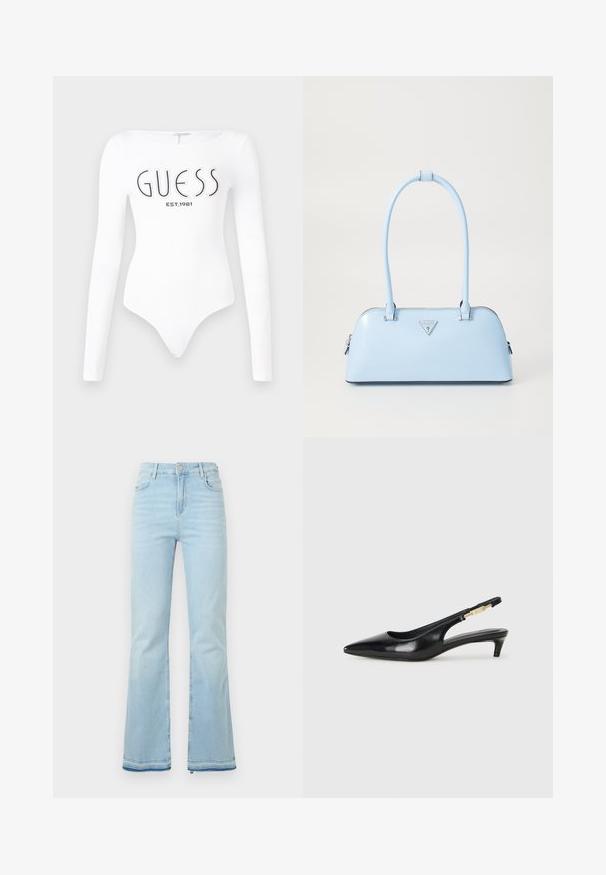 Bodysuit branco de mangas compridas com decote redondo. Apresenta o logótipo "GUESS" e "EST.1981" impressos em preto na frente. Textura lisa.; Jeans flare azul claro feitos de denim, com uma cintura alta, bolsos frontais e uma bainha desgastada nas bainhas para um look casual.; Saltos slingback em couro preto com bico fino, apresentando um salto esguio e um detalhe em tom dourado na alça ajustável. Textura suave.; Bolsa de mão azul claro com uma forma estruturada, material de couro suave, duas alças e um logótipos triangular na parte da frente. Fecho com zíper.