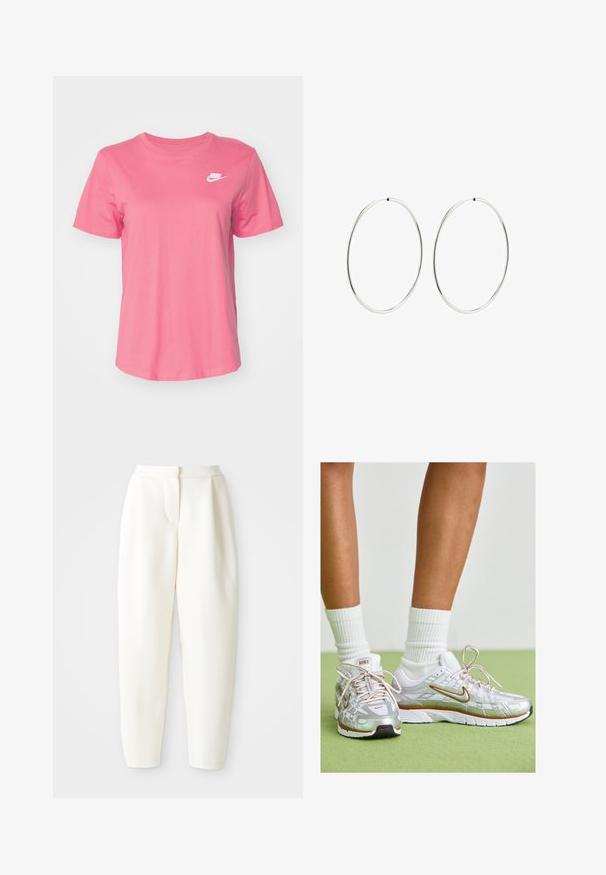 Nike Sportswear CLUB TEE - Paprasti marškinėliai - aster pink/white; Baltos aukšto liemens siaurėjantys keliai su paslėptu priekinio uždarymo mechanizmu ir šoninėmis kišenėmis, pristatyti prieš paprastą baltą foną.; Sidabriniai sportiniai bateliai su baltais ir auksiniais akcentais, turintys šniūrinę viršutinę dalį, guminiu padu ir atspindinčią apdailą. Kojinės matomos virš kulkšnies.; Sidabriniai auskarai-žiedai su lygiu, apvaliu dizainu ir blizgiu paviršiumi. Jie yra ploni ir lengvi, turintys paprastą užsegimą.