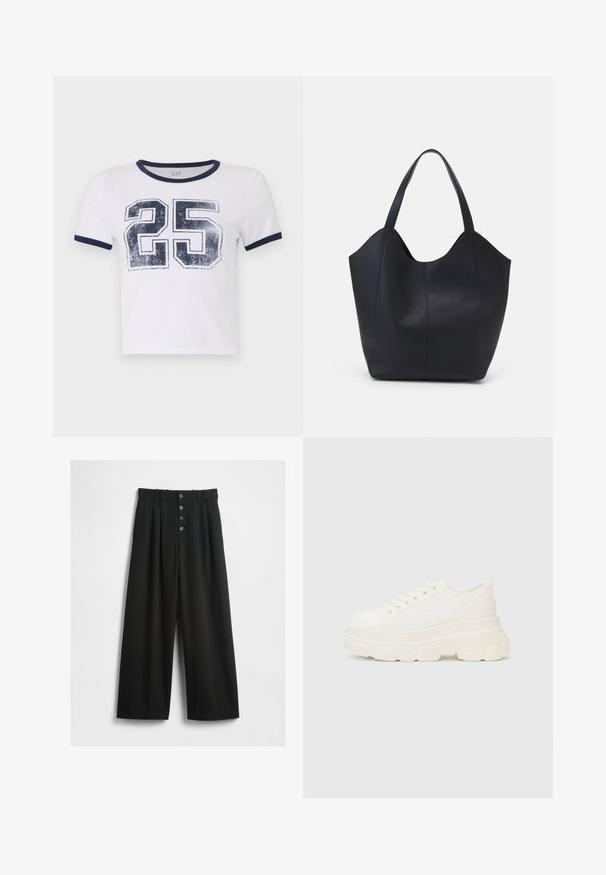 Balta kokvilnas T-krekls ar tumši zilu ribu apkakli un piedurknēm, ar nolietotu printu ar skaitli "25" priekšpusē.; Platas kājas melni bikses, izgatavotas no teksturēta auduma. Iezīmēts augsts viduklis, piecu pogu priekšpusē ar aizdari, un nospiesti pleci papildu detaļai.; Baltas kavu tenisa apavi ar masīvu zoli, apaļu purngalu un piecām acīm auklām. Aizmugures cilpa vieglai uzvilkšanai. Gluda tekstūra, minimāls dizains.; Melnas rokassomas, kas izgatavota no gludas ādas, ar izliekto atvērto augšu, divām plecu jostām un minimālistisku dizainu.