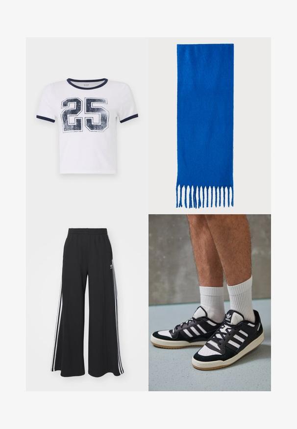 Camiseta de algodão branca com gola e punhos em azul-marinho com nervuras, apresentando uma impressão desgastada do número "25" na frente.; Calças de suor largas e pretas com uma cintura elástica, apresentando riscas brancas nas laterais e um logótipo bordado na coxa esquerda.; Ténis em preto e branco com upper em camurça e couro, apresentando três riscas brancas, um toe perfurado e uma sola em borracha de goma.; Cachecol azul com franjas, feito de tecido macio; apresenta uma cor sólida com uma superfície texturizada e franjas cortadas de forma uniforme na parte inferior.