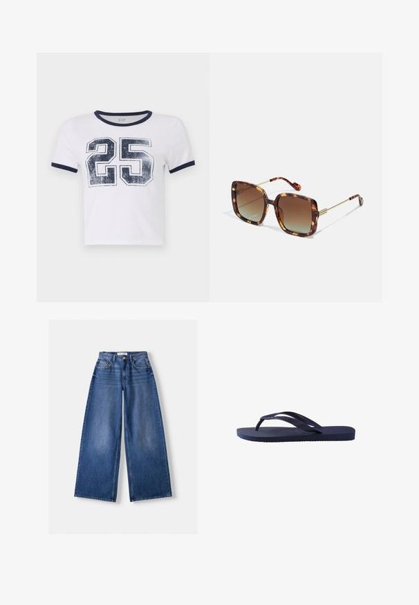 Witte katoenen t-shirt met marineblauwe geribde kraag en manchetten, met een verouderde afdruk van het nummer "25" aan de voorkant.; Bershka WIDE-LEG - Wide leg - dark blue; Navyblauwe flip-flops met een textuur op de rubberen banden en zool, met een golvend patroon op de banden en een vlakke, gegroefde zool.; Bruine schildpad-zonnebril met een vierkante vorm, gradient lenzen en gouden metalen accenten op de pootjes en armen. Getextureerde oppervlakte.