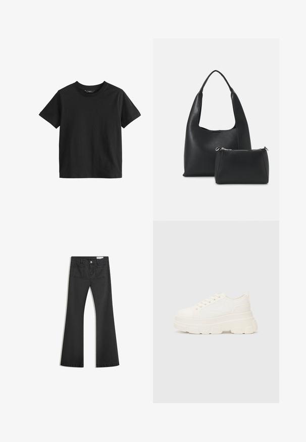 Next SHORT SLEEVE CREW NECK REGULAR FIT - Triko s potiskem - black; Černé rozšířené džíny vyrobené z jemného džínsového materiálu, se dvěma zadními kapsami a zapínáním na knoflík v pase.; Bílé plátěné tenisky s robustní podrážkou, zaoblenou špičkou a pěti otvory pro tkaničky. Zádový pásek pro snadné obouvání. Hladký povrch, minimalistický design.; Even&Odd Kabelka - black