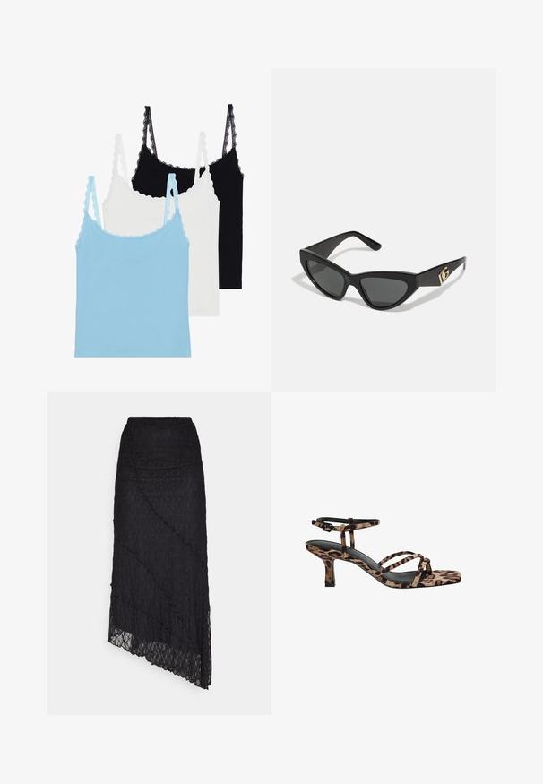 Trzy koszulki na ramiączkach z koronkowymi wykończeniami: jedna jasnoniebieska, jedna biała i jedna czarna. Wykonane z miękkiego materiału o dopasowanym kroju.; Czarna koronkowa bluzka z dekoltem hiszpańskim, długimi rękawami w kształcie dzwonu i falbaniastymi brzegami. Teksturowany kwiatowy wzór na całej powierzchni.; ONLY ONLKIM czarny; Sandały na obcasie w panterkę, ze kwadratowym noskiem, wieloma paskami i średnim obcasem. Wykonane z miękkiego materiału tekstylnego.; Okulary przeciwsłoneczne w kształcie kocich oczu z matową czarną oprawką z plastiku, ciemnymi soczewkami oraz złotym akcentem z logo na zausznicy. Kanciasty kształt i gładka tekstura.