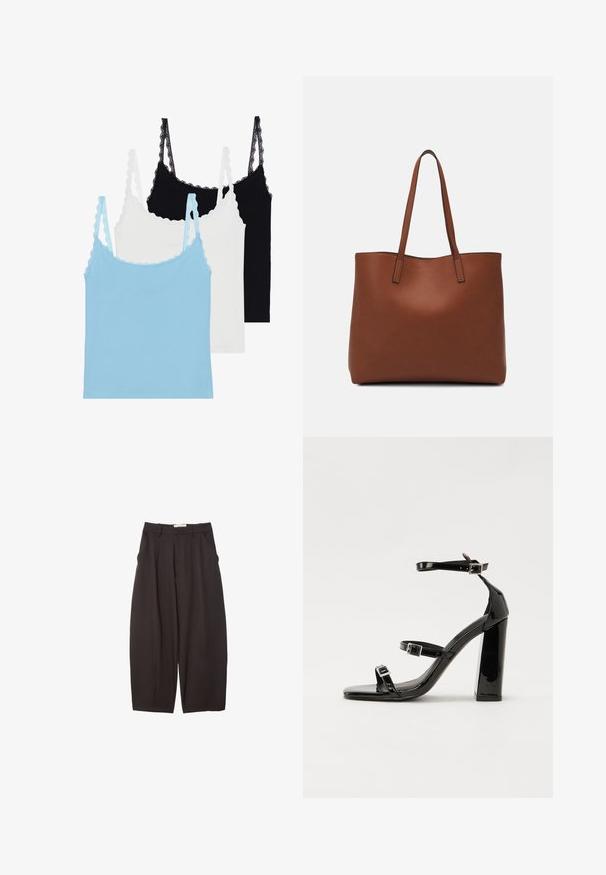 Tři tílka s krajkovými ramínky: jedno světlé modré, jedno bílé a jedno černé. Vyrobeno z měkkého materiálu s přiléhavým tvarem.; Černé široké kalhoty vyrobené z hladkého materiálu, s vysokým pasem, předními sklady a bočními kapsami. Jednoduchý design bez ozdob.; Černé lakované sandály na vysokém podpatku se dvěma pásky se sponami, čtvercovou špičkou a robustním blokovým podpatkem, s hladkou, lesklou texturou.; Hnědá kožená taška přes rameno s hladkou texturou, otevřeným designem a dvěma ramenními popruhy. Obsahuje minimální švy a žádné viditelné kovové prvky.