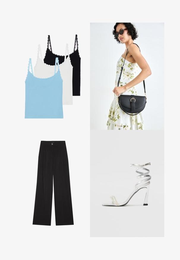 Tres camisetas sin mangas con tirantes de encaje: una de color azul claro, una blanca y una negra. Fabricadas con un material suave y de corte ajustado.; Pantalones de pierna ancha negros con pliegues, con cierre de botón y dos bolsillos laterales; textura suave con un diseño a medida.; Sandaia de tacón alto plateada con un diseño de tira brillante, que cuenta con un acento similar a una perla y una correa en espiral en el tobillo para un ajuste seguro.; Bolso de piel negra con forma curva, correa desmontable y herrajes dorados. El bolso cuenta con una solapa con un detalle de hebilla.