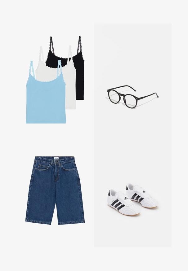 Trīs topiņi ar mežģīņu apdari: viens gaiši zils, viens balts un viens melns. Izgatavoti no mīksta materiāla ar pieguļošu formu.; Tumsā zila džinsa īsie šorti ar piecu kabatu dizainu, taisnu griezumu un redzamām šuvēm. Gluda tekstūra un vidēja augstuma josta.; Baldas sporta apavi baltā krāsā ar melnām svītrām, ar zamša līdzīgu tekstūru, noapaļotu purngalu un Velcro siksniņu. Gumijas zoles laba saķerei.; Apaļas melnas saulesbrilles ar caurspīdīgiem stikliem, plānām melnām kājām un maziem metalizētiem akcentiem priekšpusē. Klasisks dizains ar minimālistisku stilu.