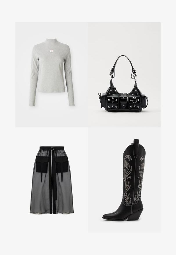 Šedý dlouhý rukáv rolák z měkké látky, s ribovanou texturou a malým logem CK v bílém čtverci na hrudi.; Černá průhledná sukně s nařaseným pasem, která má dvě velké přední kapsy, páskový uzávěr a kulatý kovový akcent.; Černé kožené kovbojské boty s špičatými špičkami, podpatky ve tvaru klínu a stříbrně vyšívanými květinovými vzory po celé délce. Kontrastní prošívání po celém obvodu.; Černá kožená kabelka s křivkovým designem, zdobená stříbrnými hřebíky, s přezkou a dvěma bočními kapsami. Nastavitelný popruh pro různé možnosti nošení.