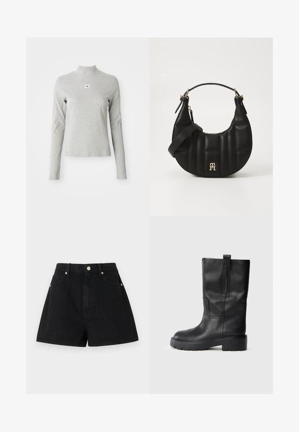 Harmaa pitkähihaainen poolopaita pehmeästä kankaasta, jossa on ribbitettu pinta ja pieni CK-logo valkoisessa neliömäisessä kentässä rinnassa.; Mustat farkkushortsit, joissa on korkea vyötärö, viisi taskua, hopeiset yksityiskohdat ja tavanomainen istuvuus. Shortsien pinta on sileä ja viimeistely on siisti.; Mustat nahkaiset polven yli ulottuvat saappaat, joissa on tyylikäs muotoilu, paksu pohja ja sivussa vetonauha helppoa pukemista varten. Huomattavat tikkauskoristeet.; Musta nahkalaukku, jossa on kaareva muoto, tikattu pinta ja kultaiset yksityiskohdat. Varustettu irrotettavalla olkahihnalla ja logopotkalla.