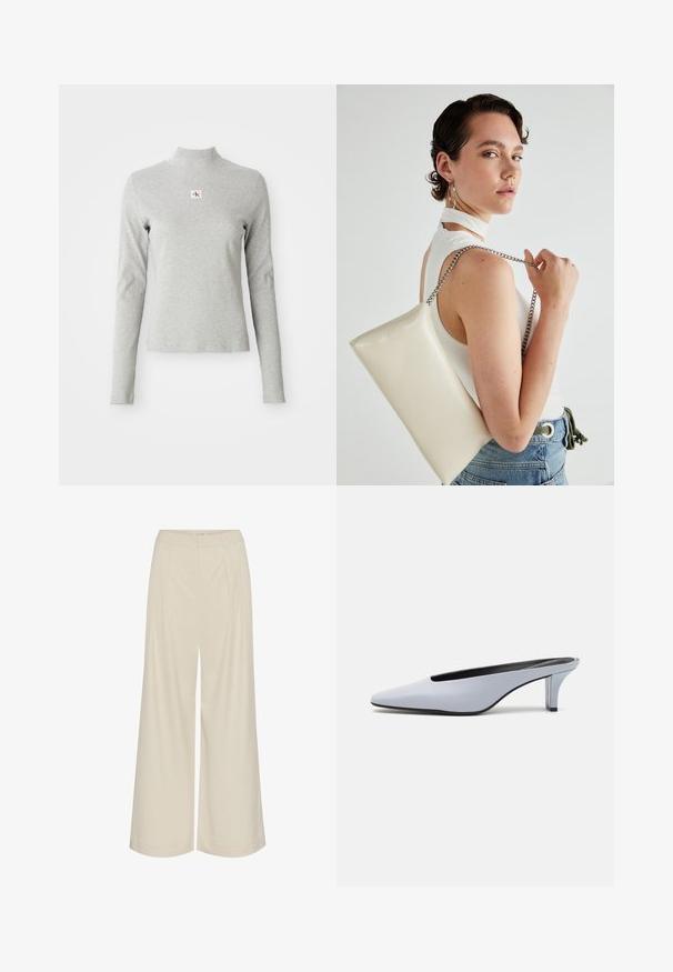 Grå langermet genser med høy hals i myk stoff, med ribbestruktur og en liten CK-logo i en hvit firkant på brystet.; Bredde benbukser i en lys beige stoff, med folder, høy midje og en jevn tekstur uten synlige dekorasjoner.; Lys blå patentlær mule med spiss tå, lav gjennomsiktig hæl og en elegant design med utskjæring på vampen.; Hvit rektangulær clutch-veske laget av blankt materiale, med en sølvkjede-stropp. Modellen poserer og viser vesken mot en ensfarget bakgrunn.