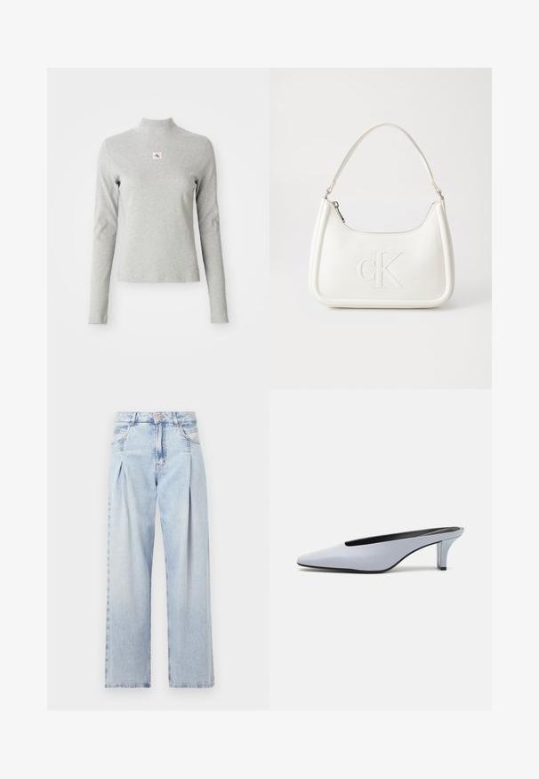 Pilkas ilgas rankovės megztinis su aukšta apykakle, pagamintas iš minkštos medžiagos, su tekstūriniu raštu ir mažu CK logotipu baltame kvadratėlyje krūtinėje.; Šviesiai mėlyni džinsai su aukštu liemeniu, plačiomis kojomis, dviem šoninėmis kišenėmis ir raukinių dizainu. Minkšta tekstūra su nudilusia apdaila.; Šviesiai mėlynos patentinės odos mules su smailiu priekiu, žemu permatomu kulnu ir stilingu dizainu, turinčiu išpjovą priekyje.; Balta odinė rankinė su išlenkta forma, su reljefiniu "CK" logotipu priekyje ir viena petneša. Užtrauktuko uždarymas viršuje.