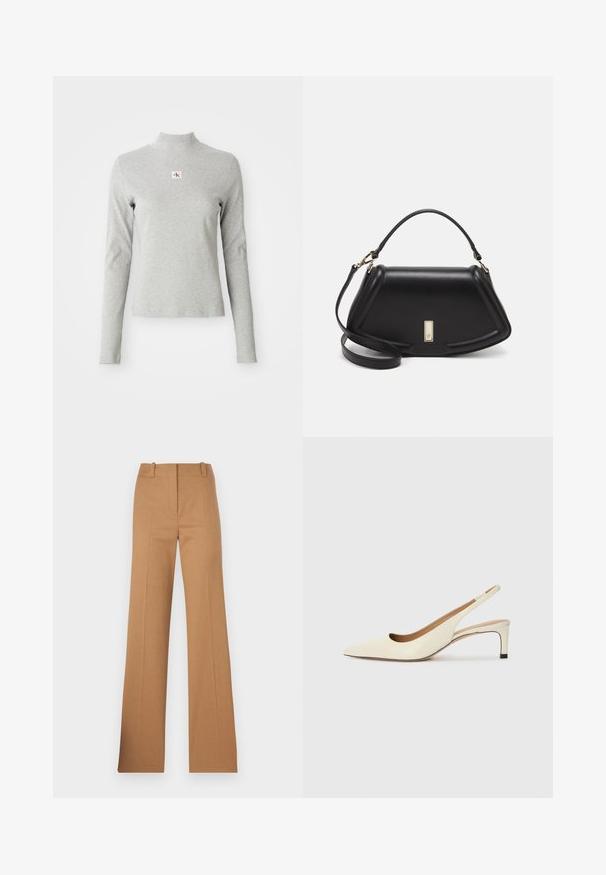 Pelēks garam piedurkņu turtlenecks krekls, izgatavots no mīksta auduma, ar ribotu tekstūru un mazu CK logotipu baltā kvadrātā uz krūtīm.; HUGO HULANA - Chinos tipa bikses - open brown; Asimtais pirksta siksnas kurpes off-white ādas, ar zemu papēdi un izgrieztu dizainu, gluda tekstūra un minimāli akcenti.; Melnas ādas roku soma ar struktūru, ar īsu formu, augšējo rokturi un zelta aksesuāriem. Iekļauta regulējama plecu siksna.