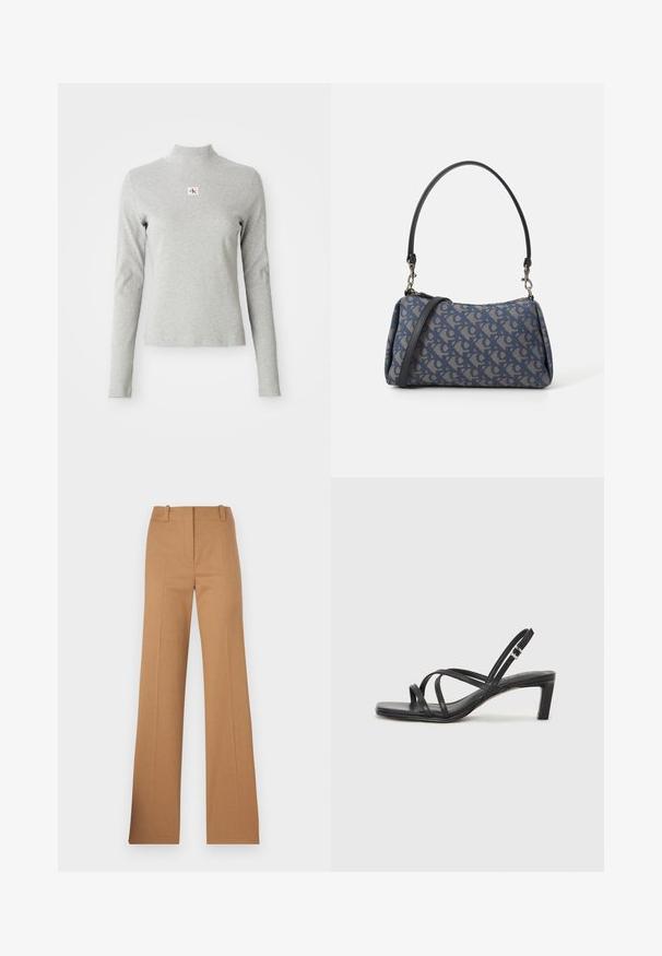 Grijze langemouwen coltrui van zachte stof, met een geribbelde textuur en een klein CK-logo in een witte vierkant op de borst.; HUGO HULANA - Chino - open brown; Zwarte sandaal met bandjes, vierkante teen en een lage blokhak. Voorzien van meerdere dunne bandjes en een verstelbare enkelband. Gemaakt van zacht leer.; Blauwe handtas met patroon van stof, met een gebogen vorm, zwarte leren schouderriem en logo ontwerp in een lichtere tint.