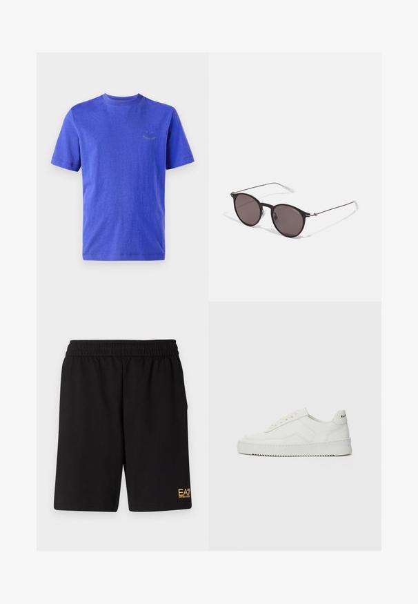 PS Paul Smith HAPPY REGULAR FIT - T-shirts - blues; Sorte treningsshorts laget av mykt stoff, med elastisk midje og en liten gul EA7-logo nederst på venstre ben.; Hvite lærersneakers med en jevn overflate, rund tå, flate lisser og en teksturert såle. Har en subtil logo på hælen.; Sorte, runde solbriller med mørke linser og slanke metalarmer. Inkluderer klare temple tips og sølvfargede detaljer ved hengslet. Minimalistisk design.