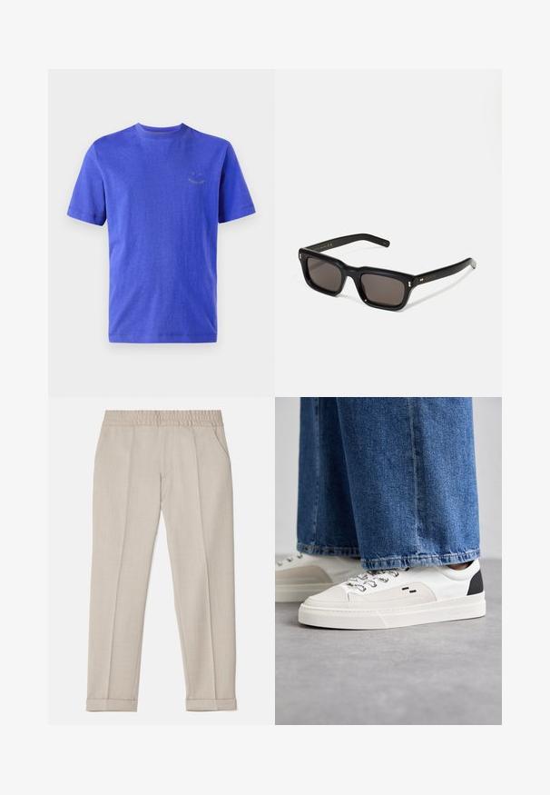PS Paul Smith HAPPY REGULAR FIT - Basic T-shirt - blues; Filippa K TERRY CROPPED TROUSERS - Trousers - sage melange; White and black sneakers with a smooth leather upper, textured accents, and a chunky white sole. Features a classic lace-up design.; Black rectangular sunglasses with dark lenses, thick plastic frame, gold accents on temples, and brand logo engraved on the arm.