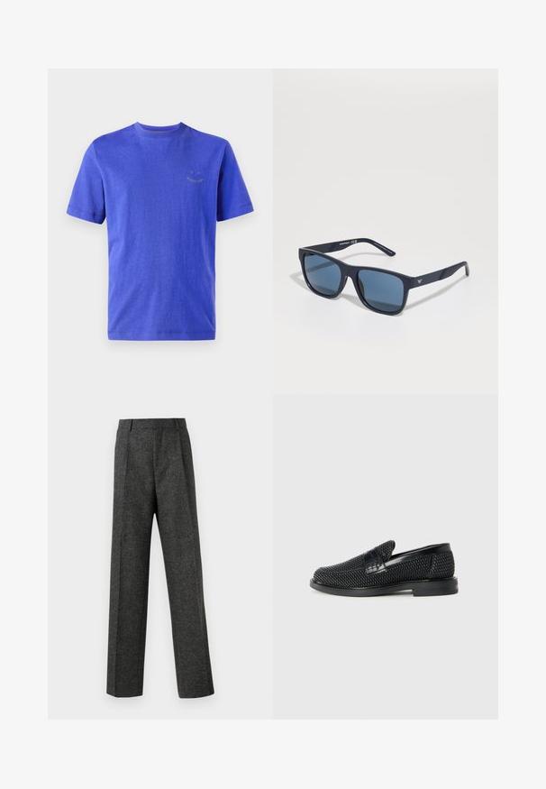PS Paul Smith HAPPY REGULAR FIT - Pamata T-krekls - blues; Pelēki piegriezti bikses, izgatavotas no tekstūras auduma, ar diviem priekšējiem krokām un taisnu kāju dizainu. Nav redzamu kabatu vai rotājumu.; Melnas austas slaidu kurpes ar gludu ādas akcentu augšpusē, apaļas formas purngalu un zemas profila gumijas zoli.; Zilie taisnstūra saulesbrilles ar tumšiem stikliem, matēta jūras zila ietvaros, logo detaļa uz tempļa, taisnas rokas un cieta, gluda virsma.
