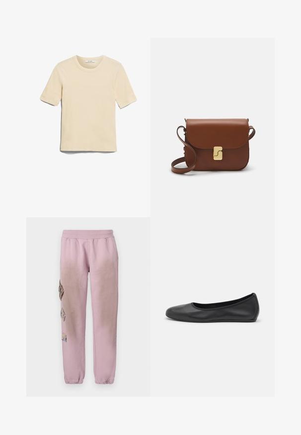 Trumpas rankovės, apvalaus kaklo marškinėliai šviesiai kreminės spalvos. Pagaminti iš minkštos medžiagos su lygiu paviršiumi, turi etikėtę su užrašu "IVY OAK."; Rožinės sportinės kelnės su elastinga juosta, kairėje pusėje dekoruotos rombo formos aplikacijomis ir elastingais užkulniais.; Juodai odiniai baletai su apvaliu pirštu, lygi texture, minimalus siuvimo detales ir lanksčiu padų dizainu.; Ruda odinė rankinė su uždaromu dangteliu, aukso spalvos detalėmis, petneša ir lygiu paviršiumi. Kompaktiška stačiakampio formos.
