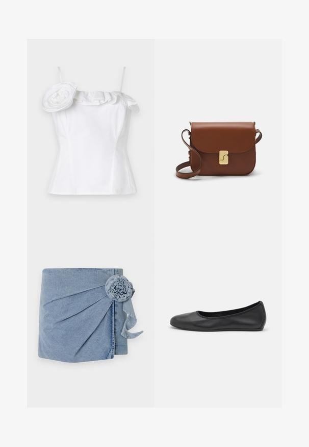 Biely bezrukávový top s riaseným výstrihom a veľkým dekoratívnym kvetinovým ozdobením na jednej strane; hladká textúra, priliehavý strih.; Denimový obal v svetlomodrom odtieni, s precízny pletením a dekoračnou kvetinou s voľným stužkou. Mäkká textúra a voľný dizajn.; Čierne kožené baleríny s okrúhlou špičkou, hladkým povrchom, minimálnym prešívaním a flexibilným dizajnom podrážky.; Hnedá kožená kabelka s klopou, zlatými kovovými prvkami, ramenným popruhom a hladkým povrchom. Kompaktný obdĺžnikový tvar.