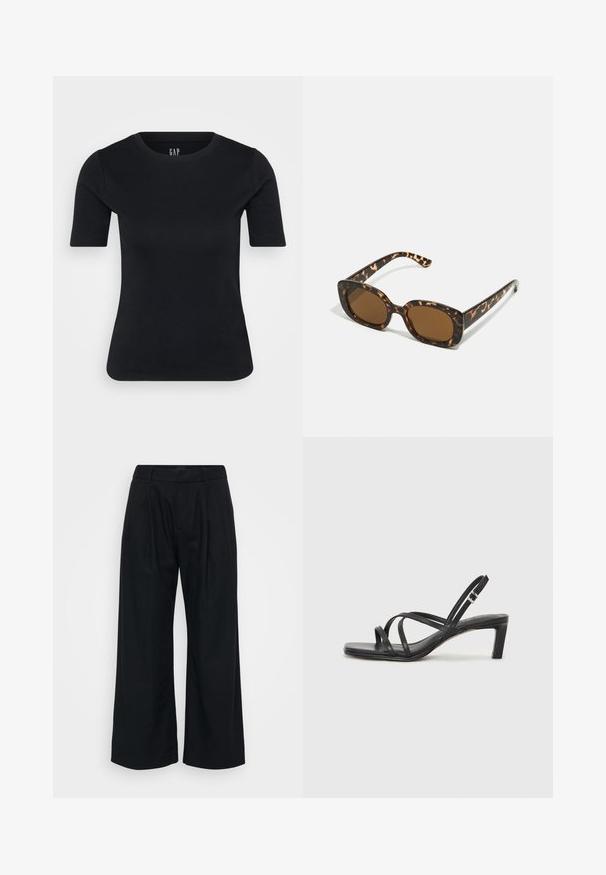 Fekete, rövid ujjú, kerek nyakú pamut póló. Feszes szabással és diszkrét logóval a nyak közelében. Sima textúra.; Fekete, bő szárú nadrág, puha anyagból, lapos elülső résszel, látható redőkkel, és övakasztókkal ellátott derékkal.; Fekete pántos szandál négyzetes orral és alacsony blokk sarkal. Több vékony pánttal és állítható boka pánttal rendelkezik. Sima bőrből készült.; Teknősbéka mintázatú napszemüveg kerek, vastag kerettel és barna lencsékkel. Finom mintázattal és egyenes, keskenyedő szárakkal rendelkezik.