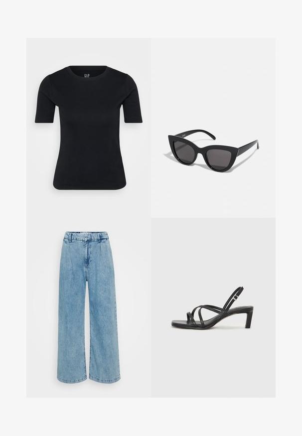 Fekete, rövid ujjú, kerek nyakú pamut póló. Feszes szabással és diszkrét logóval a nyak közelében. Sima textúra.; Világoskék farmer széles lábú nadrág, magas derékkal, redőzéssel, sima felülettel és befejezett szegéllyel.; Fekete pántos szandál négyzetes orral és alacsony blokk sarkal. Több vékony pánttal és állítható boka pánttal rendelkezik. Sima bőrből készült.; Fekete macskaszem napszemüveg matt felülettel, szürke árnyalatú lencsékkel, éles vonalakkal és karcsú oldalsó karokkal. A márkaneve látható a belső karon.