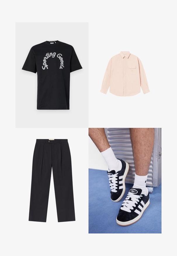 Black cotton t-shirt featuring a curved "Sporting Goods" print in white. Short sleeves and crew neck design. Smooth texture.; Light pink long-sleeve shirt made of soft fabric, featuring a button-down collar, front pocket, and subtle embroidered logo on the chest.; Tailored dark navy trousers with a high waist, two front pleats, button closure, and straight legs in smooth fabric.; Black suede sneakers with white laces and three white stripes. Features a circular black logo on the tongue and a gum rubber sole.