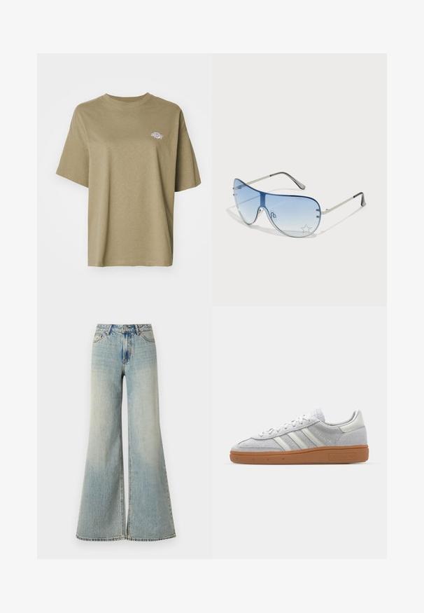 Dickies SUMMERDALE TEE - Pamata T-krekls - imperial green; Gai zili platās kājas džinsi ar augstu jostasvietu, ar izbalējušu apdari, priekšējām kabatām un mazu šķēlumu kāju apakšā.; Gai pelēki zamšīgās kedas ar baltām ādas detaļām, trim baltām līnijām un brūnu gumijas zoli, ar mīkstinātu apkakli komforta nodrošināšanai.; Pilotstila saulesbrilles ar gradienta zilām lēcām, sudraba metāla rāmjiem un dekoratīvām zvaigžņu akcentiem uz lēcām. Gluda un eleganta dizaina.