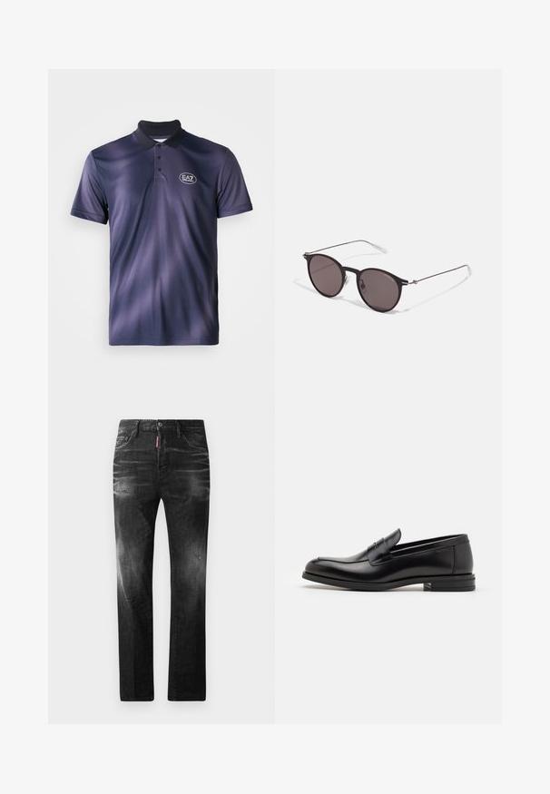 Námořnické polo tričko s gradientním designem, krátké rukávy, dvouknoflíková léga a kulaté logo EA7 na levé části hrudi. Hladká textura.; Černé džíny z denimu se rovnými nohavicemi. Obsahují vybledlé oblasti, drobné poškození, klasický pětikapsový design a zapínání na knoflík.; Černé kožené polobotky s hladkou texturou, zaoblenou špičkou a zdobným páskem přes nárt. Nízký stohovaný podpatek, minimalistický design.; Černé kulaté sluneční brýle s tmavými skly a tenkými kovovými nohami. Obsahují průhledné koncovky nožiček a stříbrné akcenty na pantu. Minimalistický design.