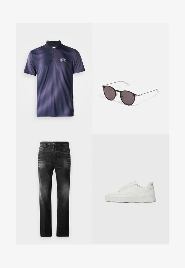 Polo shirt azul-marinho com um design em degradê, mangas curtas, pala de dois botões e um logótipo redondo da EA7 no lado esquerdo do peito. Textura suave.; Jeans de denim preto com um corte reto. Apresentam áreas desbotadas, ligeira degradação, design clássico de cinco bolsos e um fecho de botão.; Sapatilha de couro branco com acabamento suave, bico redondo, atacadores planos e uma sola texturizada. Apresenta um logotipo discreto no calcanhar.; Óculos de sol redondos pretos com lentes escuras e hastes metálicas finas. Inclui pontas de templo transparentes e detalhes em prata na dobradiça. Design minimalista.
