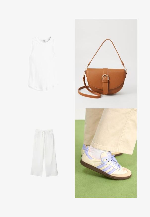 Next RACER TANK - Top; Białe spodnie szerokie z miękkiego materiału, z elastycznym pasem i dwoma przednimi kieszeniami. Gładka tekstura i brak widocznych wzorów.; Kremowe i lawendowe trampki z trzema paskami oraz teksturowaną brązową podeszwą, wyposażone w sznurówki i wyścieloną piętę. Górna część z miękkiego materiału.; Brązowa skórzana torba na ramię o zaokrąglonym kształcie, ze złotymi akcentami i zapięciem w formie klamry. Posiada odpinany pasek na ramię.