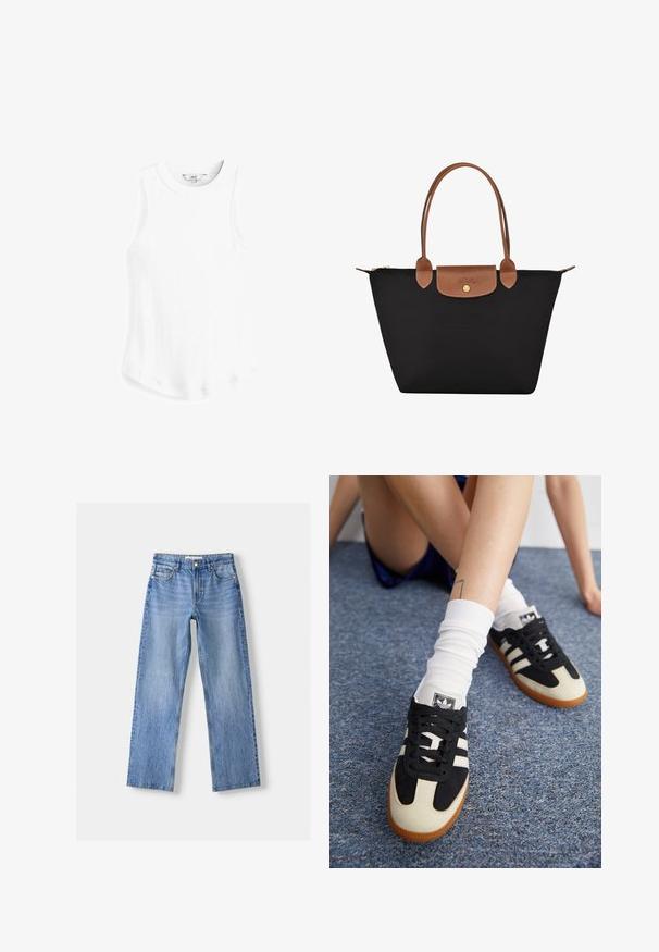 Next RACER TANK - Top - white rib; Light blue denim jeans with a straight leg design, featuring five pockets, a front button closure, and subtle fading for texture.; Black and white athletic shoes with a suede and leather upper, featuring three white stripes and a gum sole. Pair worn with white socks.; Black nylon tote bag with brown leather accents and handles. Features a snap closure and a front pocket with a logo detail.; Gold digital watch with a rectangular face, LCD display, stainless steel band, and buttons on the side. Features a water-resistant label.