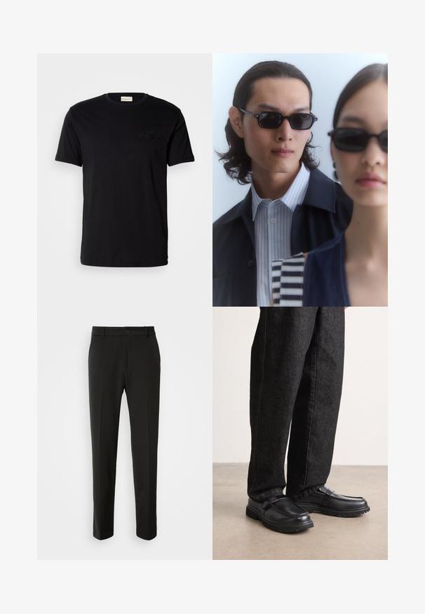 Camiseta de algodón negra con cuello redondo y mangas cortas, que presenta un logotipo bordado tono sobre tono en el lado izquierdo del pecho. Textura suave.; Pantalones negros hechos de una tela suave, con piernas rectas, cierre de botón y un diseño clásico adecuado para ocasiones formales o informales.; Zapatos de cuero negro con acabado texturizado, que cuentan con un diseño de costura elevada y suela de goma resistente, combinados con pantalones de mezclilla oscuros.; Gafas de sol negras con montura angular llevadas por un hombre y una mujer. El hombre lleva una camisa a rayas azul y blanca bajo una chaqueta oscura; la mujer viste una blusa oscura con estampado.