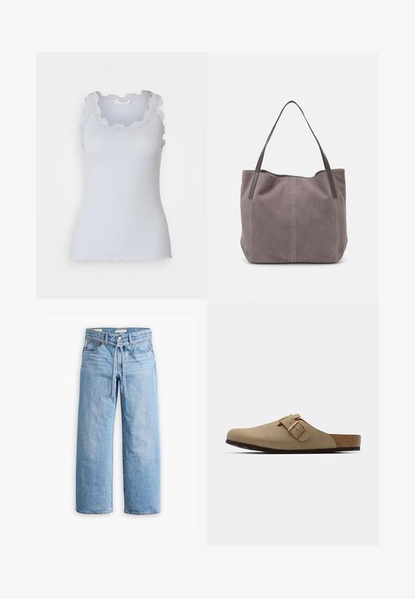 Svetlo modra rebrasta majica brez rokavov z valovitimi čipkastimi robovi okoli vratu in armhole-ov. Prilegajoča se zasnova z gladko teksturo in brez vidnih zaponk.; Svetlo modri traper široki hlače z visokim pasom, z gumbom in zadrgo ter detajlom s povezanico v pasu. Neobdelan rob.; Bežna klompa z zaobljenim nosom, nastavljivim sponko in korčnim podplatom. Teksturirana površina s črnim gumijastim podplatom za oprijem.; Siva semiš torba z dvema temnima usnjenima ročajema. Ima šivane detajle na straneh, mehak tekstur in prostoren odprtina.