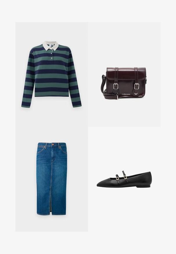 Langermet polo skjorte i mørk marineblå og skogsgrønne striper, med hvit krage og tre-knapp placket; laget av myk bomullsmateriale.; Dongerij midi-skjørt i dyp blå med frontslitt, fem lommer, oransje søm og sikret midjebånd med to metallknapper.; Sorte lær flate sko med spiss tå, som har to svarte stropper og gull firkantede spenner. Glatt tekstur og lavprofil såle.; Burgunderfarget patentlær crossover-veske med rektangulær form, to stropper, sølvfarget hardware og klaffelukking.